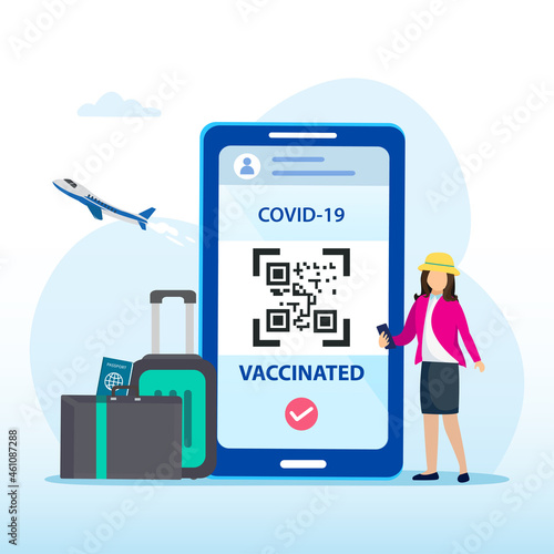 a passport and a smart phone with a certificate of vaccination against the Covid-19 disease. Health Passport concept. travel the world. Flat vector template Style Suitable for Web Landing Page.