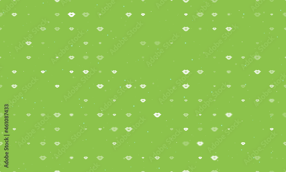 Seamless background pattern of evenly spaced white lips symbols of different sizes and opacity. Vector illustration on light green background with stars