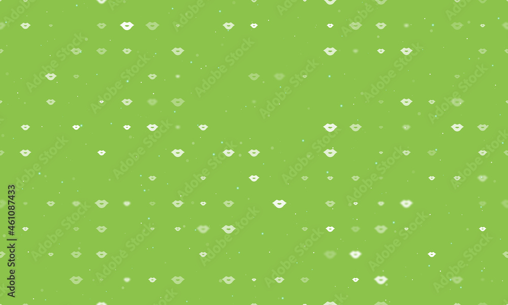 Seamless background pattern of evenly spaced white lips symbols of different sizes and opacity. Vector illustration on light green background with stars Seamless background pattern of evenly spaced white lips symbols of different sizes and opacity. Vector illustration on light green background with stars