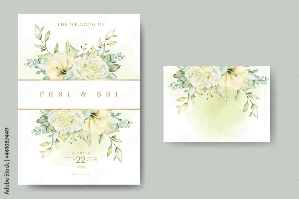 elegant flowers and leaves watercolor wedding invitation card template
