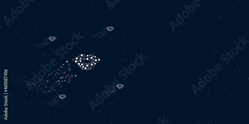 A lips symbol filled with dots flies through the stars leaving a trail behind. Four small symbols around. Empty space for text on the right. Vector illustration on dark blue background with stars