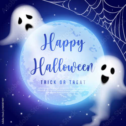 Happy halloween full moon night sky spirit ghost and spider web