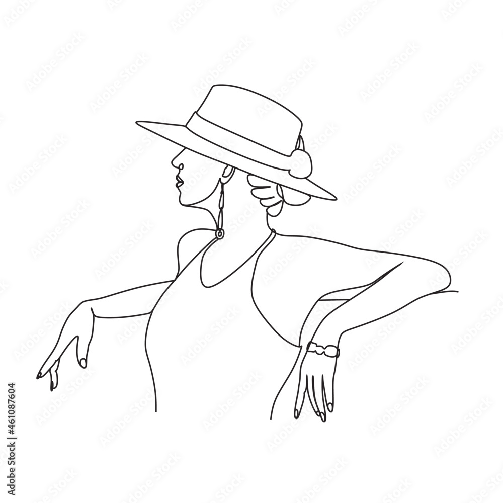 Woman with hat. Line art female hands with flowers. Abstract face with flowers  by one line vector drawing. Portrait minimalistic style. Botanical print. Nature symbol of cosmetics