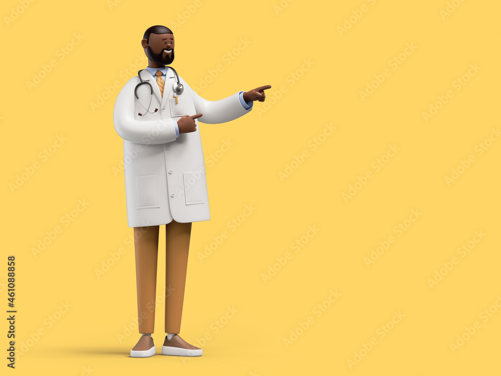 3d render. African cartoon character doctor gives recommendation. Medical clip art isolated on yellow background. Professional advice - obrazy, fototapety, plakaty 