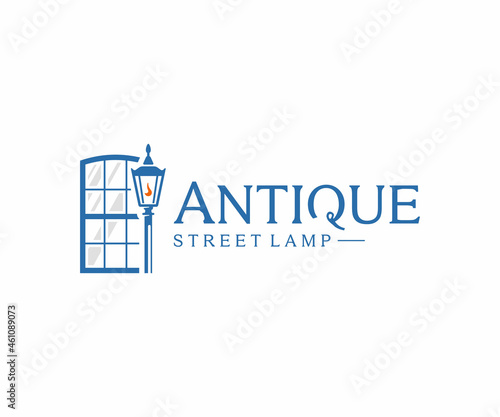 Gas street light logo design. Retro street lamp with wooden vintage arched window vector design. Antique street lantern, lamppost with old window frame logotype