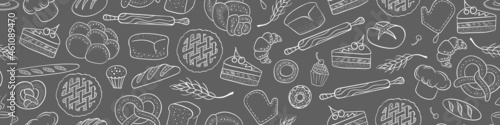Bakery seamless horizontal border. Hand drawn pastry doodles. Cafe and restaurant background. vector illustration.
