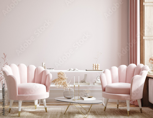 Home mock up, modern feminine living room interior background, 3d render