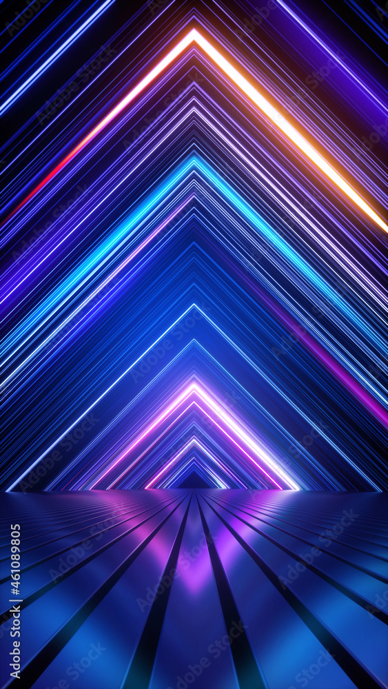 Fototapeta premium 3d rendering, abstract geometric background, triangular shape with glowing neon lines, vertical wallpaper