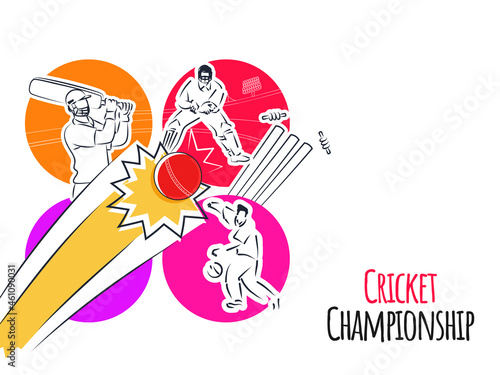 Cricket Championship Concept With Cricketer Players In Different Poses On Colorful Background.