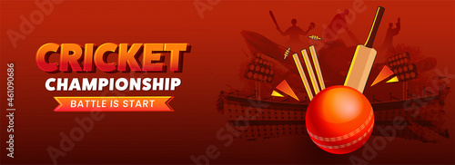 Cricket Championship Concept With Realistic Red Ball Hits Stumps, Bat And Silhouette Players On Red Brush Effect Stadium Background.