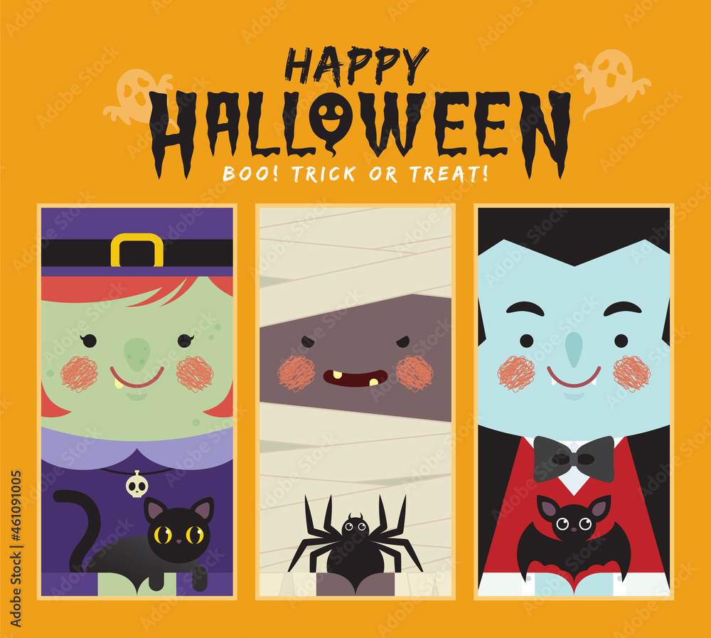 Obraz premium Cute witches, black cat, mummy, spider, vampire and bat. Halloween cartoon character flat design set for sticker, label, tag, bookmark, greeting card, graphic print, etc.