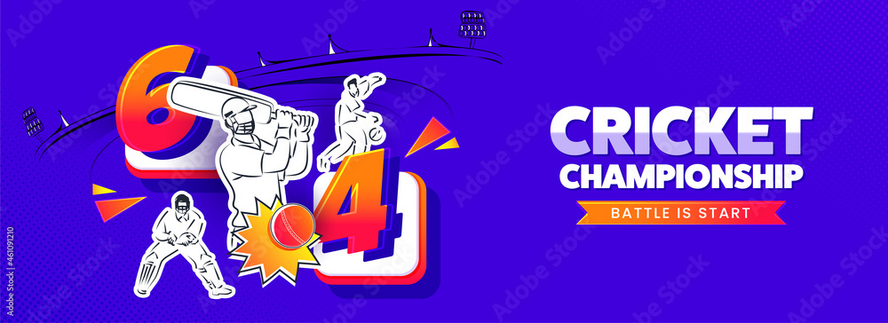 Sticker Style Cricket Players In Different Poses With 3D Four & Six Run On Blue Stadium Background For Championship Concept.