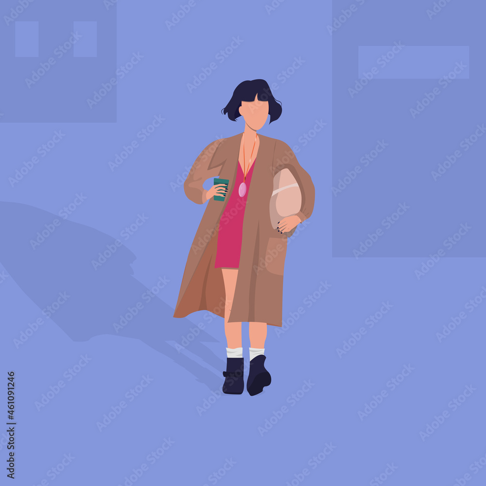 Girl with a square with coffee and a package in a raincoat goes shopping Girl with a square with coffee and a package in a raincoat goes shopping