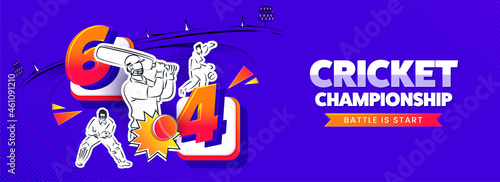 Sticker Style Cricket Players In Different Poses With 3D Four & Six Run On Blue Stadium Background For Championship Concept.
