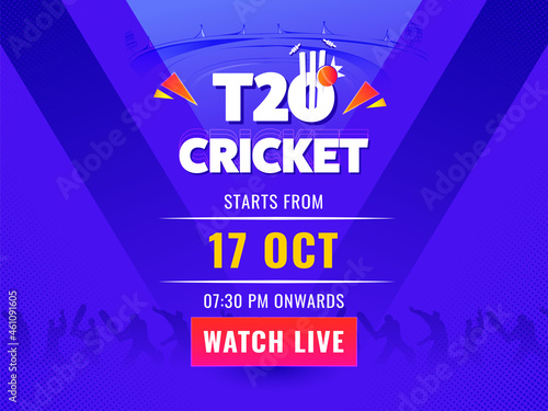T20 Cricket Watch Live Poster Design With Silhouette Cricketer Players On Violet Background. photo