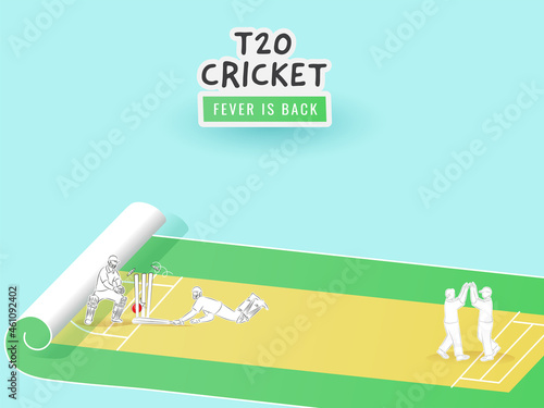 Sticker Style T20 Cricket Fever Is Back Text With Cricketer Players In Different Poses On Paper Scroll Playground.