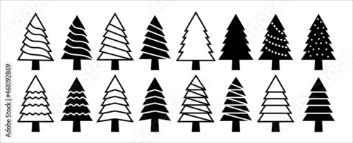 Christmas tree vector icon set. Assorted christmas pine trees icons collection. Spruce and fir tree stencil template. Simple flat illustration