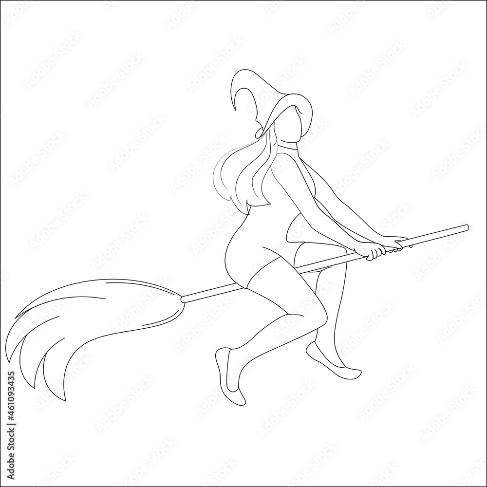 witch on broom stick - coloring page, Halloween coloring pages for kids and teenagers.