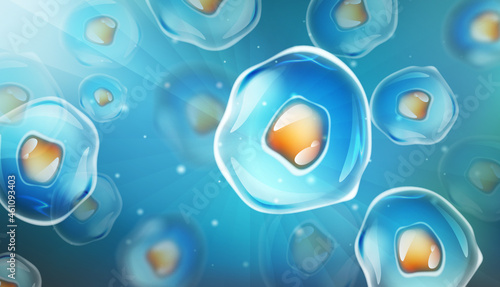 Cells under a microscope. Research of stem cells. Cellular Therapy. Cell division. Vector illustration on a light background