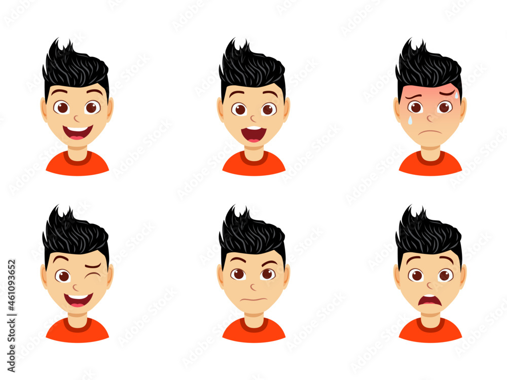 Cute beautiful kid boy character avatar with different facial expression and emotions isolated angry crying happy Cute beautiful kid boy character avatar with different facial expression and emotions isolated angry crying happy