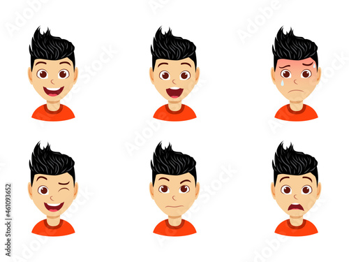 Cute beautiful kid boy character avatar with different facial expression and emotions isolated angry crying happy