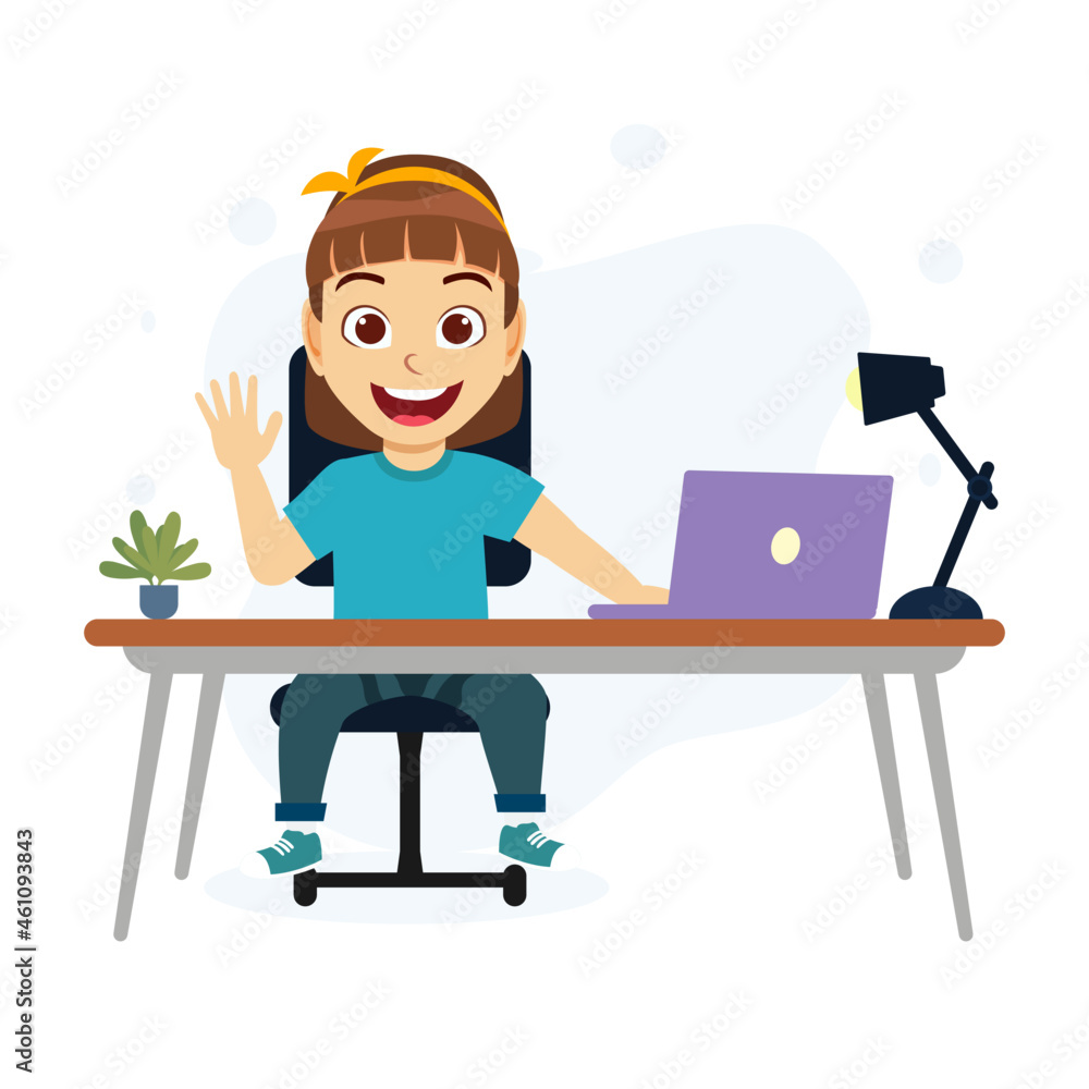 Happy cute kid girl character siting on desk studying with laptop computer lamp Happy cute kid girl character siting on desk studying with laptop computer lamp