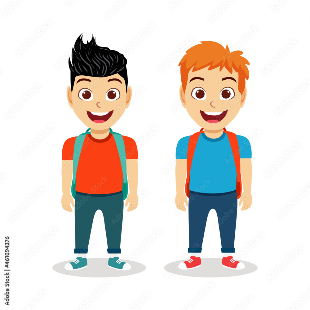Happy cute kid boy characters wearing beautiful outfit standing and posing ready to go school Happy cute kid boy characters wearing beautiful outfit standing and posing ready to go school