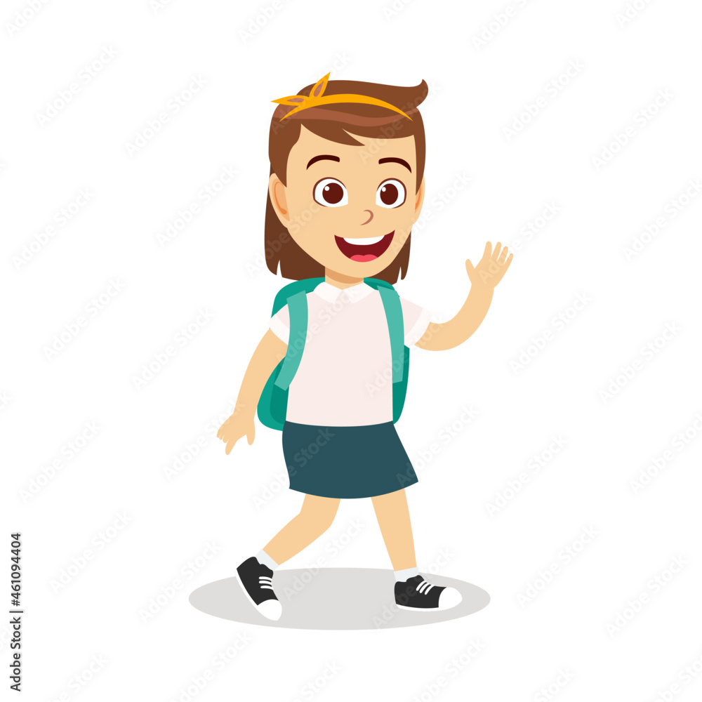 Happy cute beautiful kid girl character going to school Happy cute beautiful kid girl character going to school