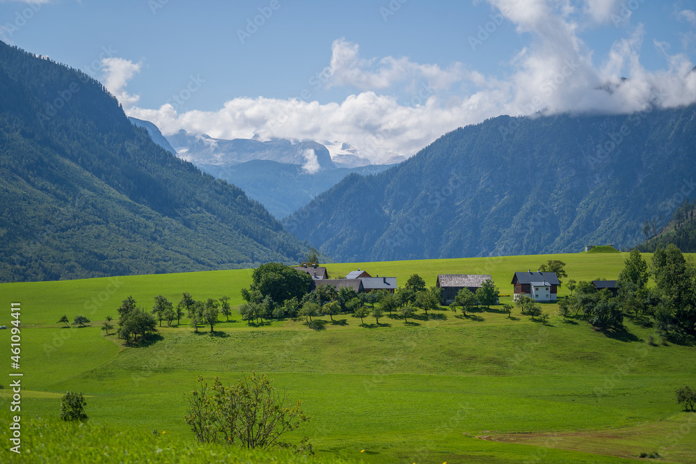 View of the village, fields and forest in mountains Alps Austria View of the village, fields and forest in mountains Alps Austria