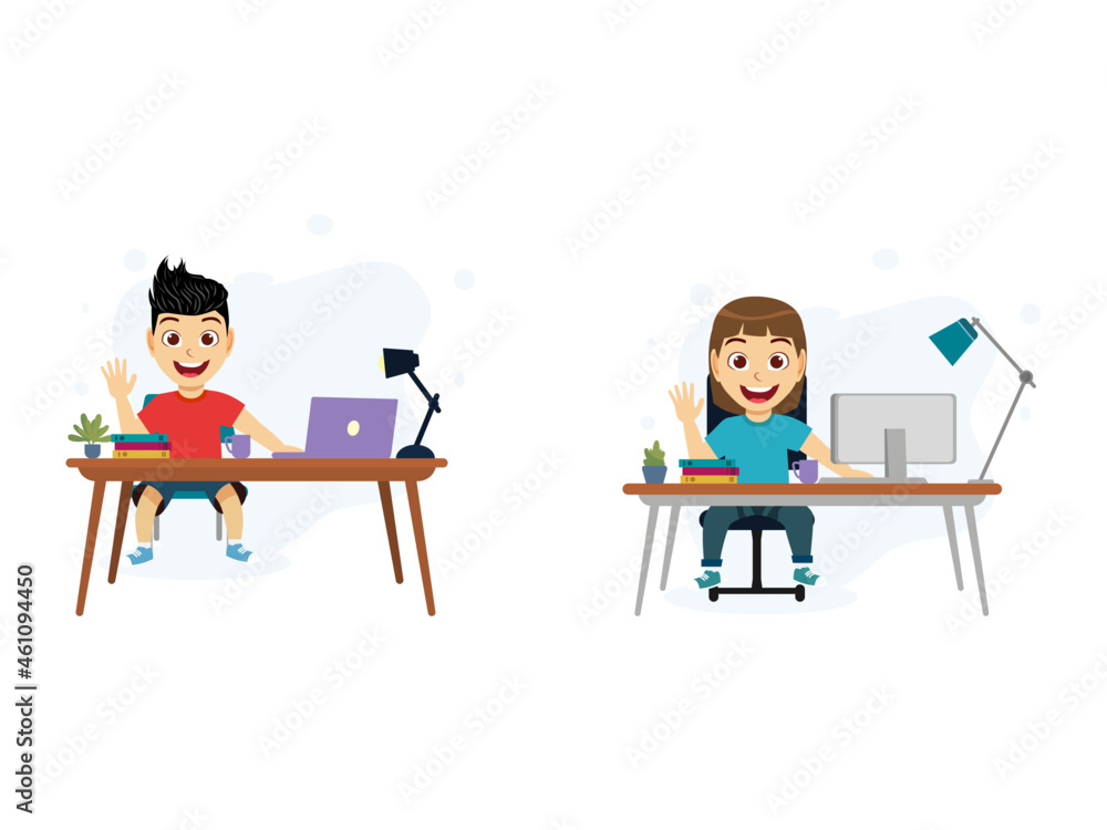 Happy cute kid boy and girl character siting on desk studying with laptop computer lamp