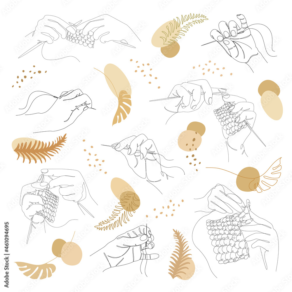 Fototapeta premium Collection. Silhouettes of a human hand that knits and sews with a needle and thread in a modern style in one line. Solid line, sketches, posters, stickers, logo. Set of vector illustrations.