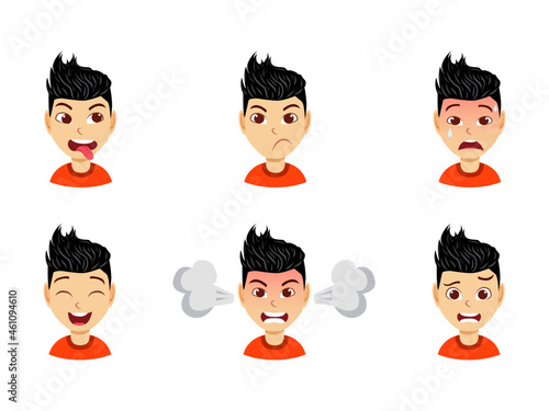 Beautiful kid boy character avatar with different facial expression and emotions isolated angry crying happy