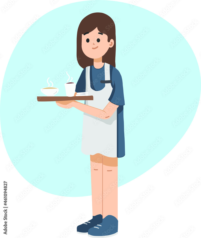 Fototapeta premium Girl holding tray and serving coffee, tea at coffee shop. Cute waitress serving coffee. Flat isolated vector illustration.