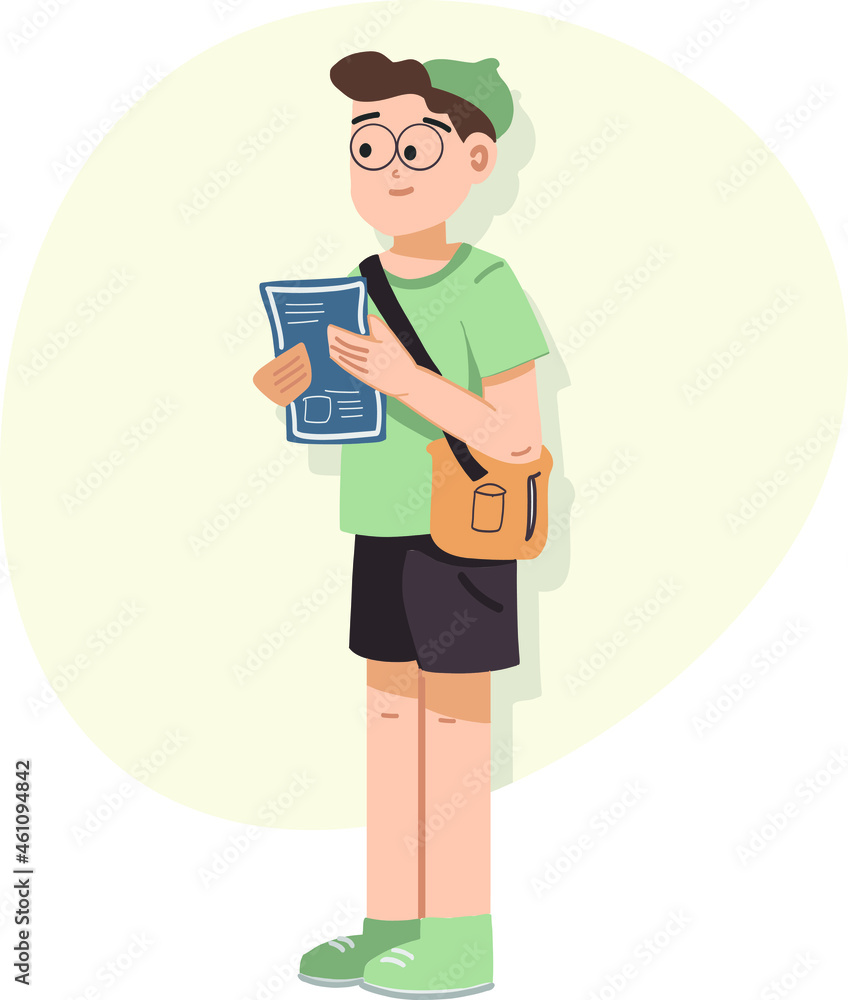 Boy with a menu card placing order at cafe. Traveler stylish boy isolated vector illustration. Simple Lean Slim Boy with Side Sling bag green tshirt and beret and shoes.