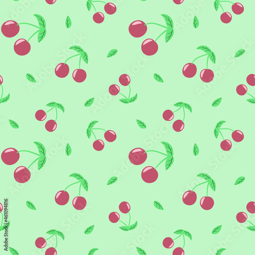 Fototapeta Naklejka Na Ścianę i Meble -  Seamless pattern of cherry doodle and leaves on pistachio background. Color vector illustration.