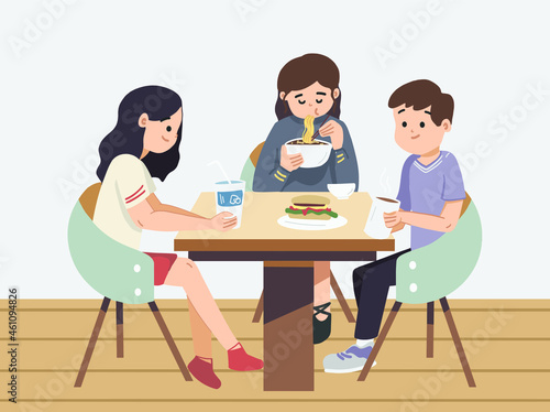 Friends sitting around table at cafe. Enjoying and eating meals. Sharing drinks at cafe. Indoor café color flat vector design. Friends having Chinese food in American Restaurant.