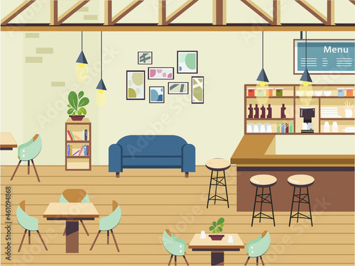 Interior cafe scene with furniture and accessories. Modern Wooden coffeehouse interior flat vector illustration design. First Date Romantic Set. Game Set. Cafe Scene. Bistro Bar Restaurant Fine Dining