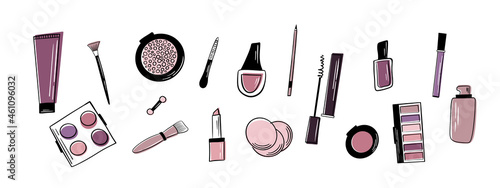 The set of hand drawn beauty and wellness items.