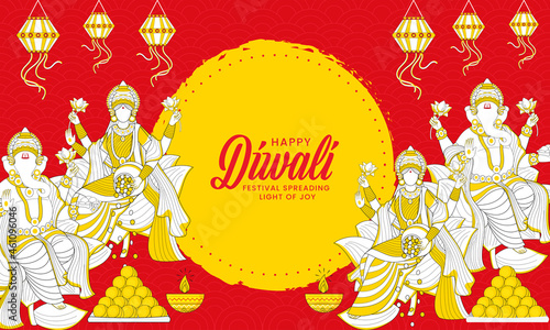 Two Images Of Lord Ganesha And Goddess Lakshmi Statue With Indian Sweet (Laddu) On The Occasion Of Happy Diwali.