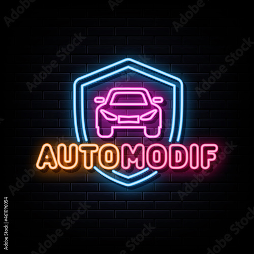 Auto modif neon signs vector. Design template neon sign
