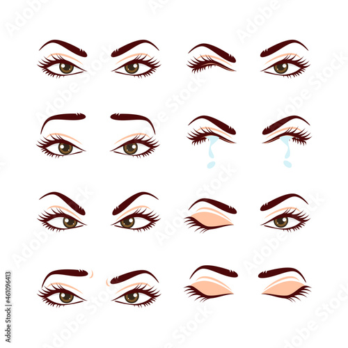 Cute beautiful female eyes set with different emotion and expression cheerful cry angry