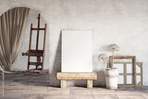 Artist's workshop with a blank vertical canvas on a wooden stool next to an arched doorway, with dried flowers in a large clay pot, wooden picture frames, curtain and easel in the background.3d render