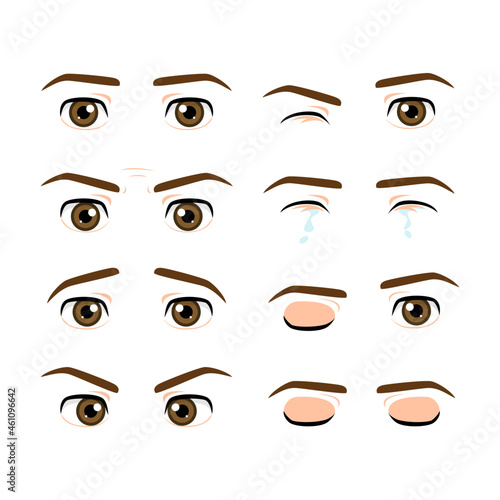 Cute beautiful male eyes set with different emotion and expression angry happy cry