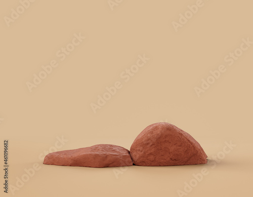 Brown color rocks in a flat color background, for product displays with copy space, 3d Rendering photo