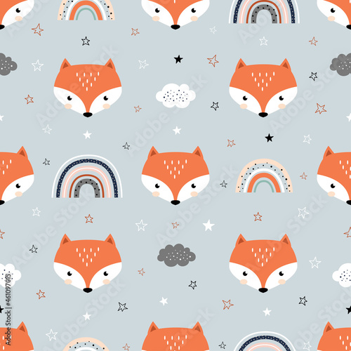 childish seamless pattern with rainbows and fox