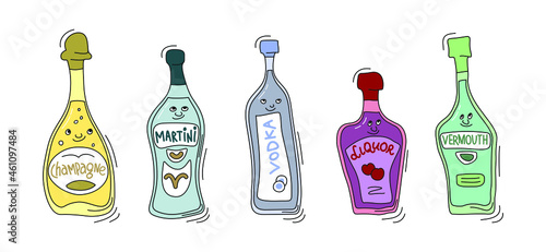 Champagne, martini, vodka, liquor and vermouth with smile on white background. Cartoon sketch graphic design. Doodle style with black contour line. Cute hand drawn bottle. Party drinks concept.