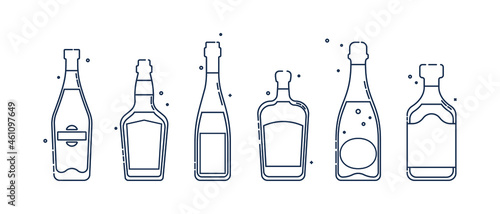 Bottle martini whiskey wine liquor champagne rum line art in flat style. Restaurant alcoholic illustration for celebration design. Design contour element. Beverage outline icon. Isolated.