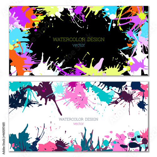 Splashes of paint. Blots. A set of two creative bright watercolor backgrounds. Banner  cover design. Artistic design in abstract style.