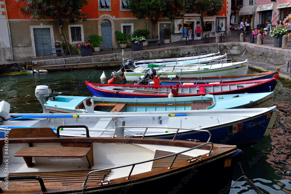 characteristic wooden boats in Limone sul Garda Italy