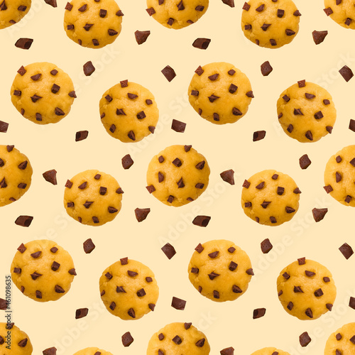 Round biscuits with chocolate chips. Seamless pattern for design of packaging  clothes
